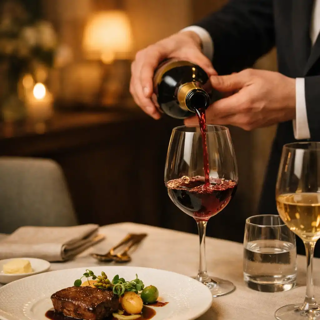 Service de vin près d’une assiette gastronomique sur une table de salon privé.