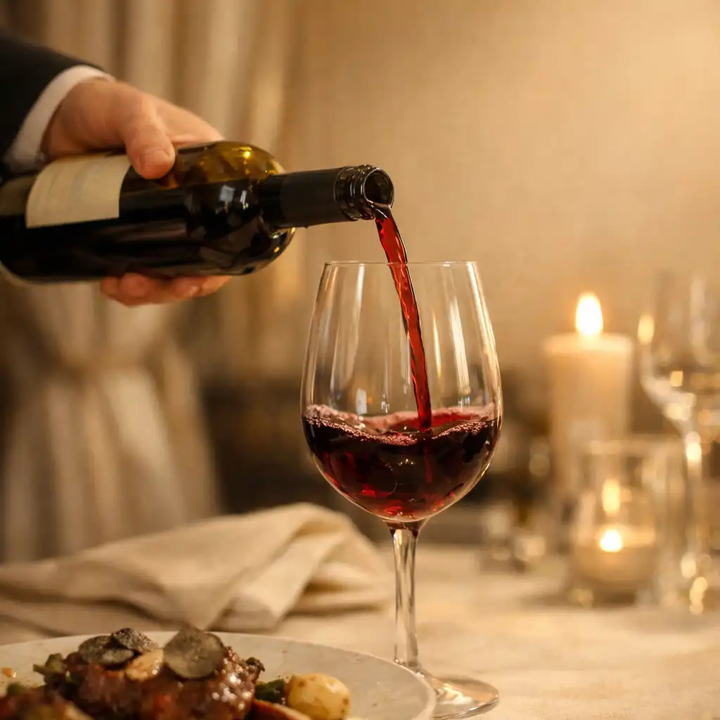 Main versant délicatement du vin dans un verre lors d’un service à table