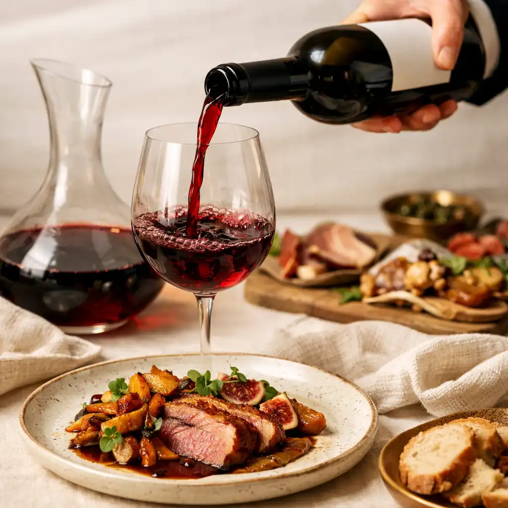 Service de vin rouge à une table gastronomique sur linge ivoire