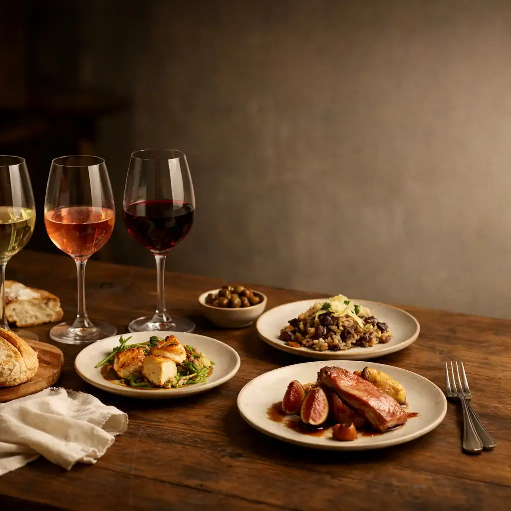 Verres de vin et petites assiettes gastronomiques sur une table en bois sombre