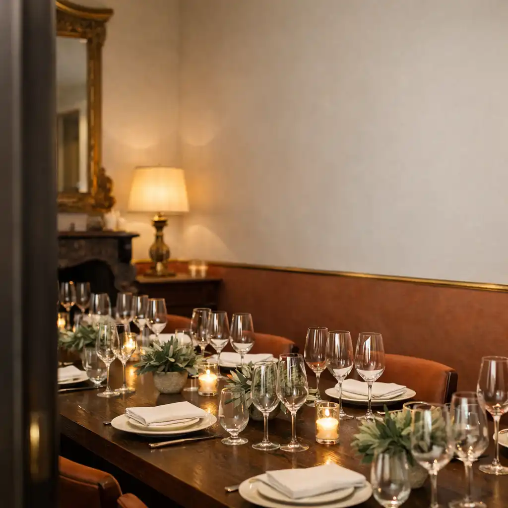 Salon privé préparé pour une dégustation avec table, verrerie et linge de lin