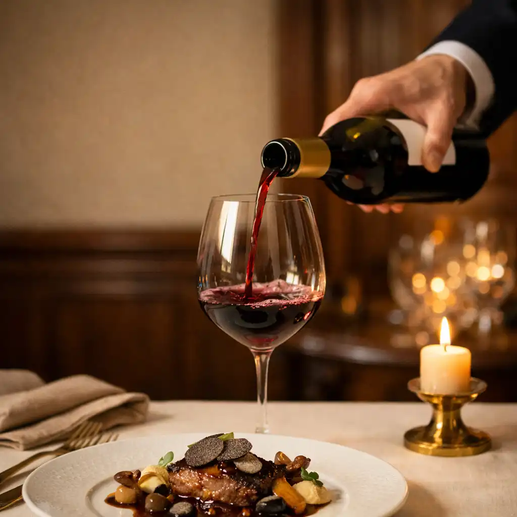 Main versant un vin rouge près d'une assiette gastronomique sur une table en lin