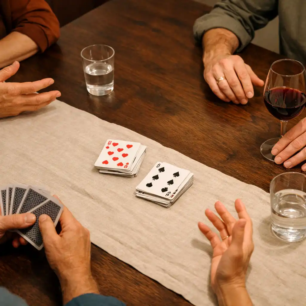 Mains adultes réunies autour de cartes posées sur une table de salon après dîner, avec verres et linge naturel.
