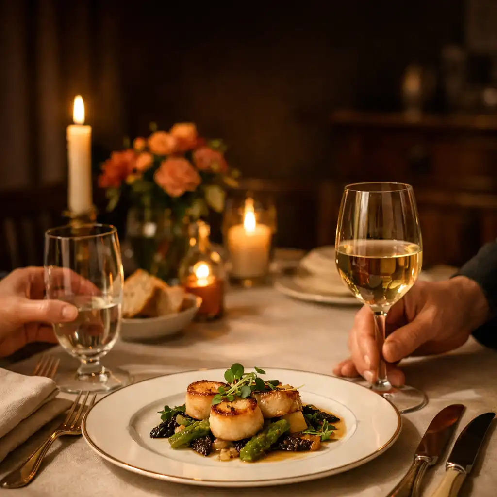Table de gastronomie française dressée en soirée, avec porcelaine, verrerie et mains adultes au service.