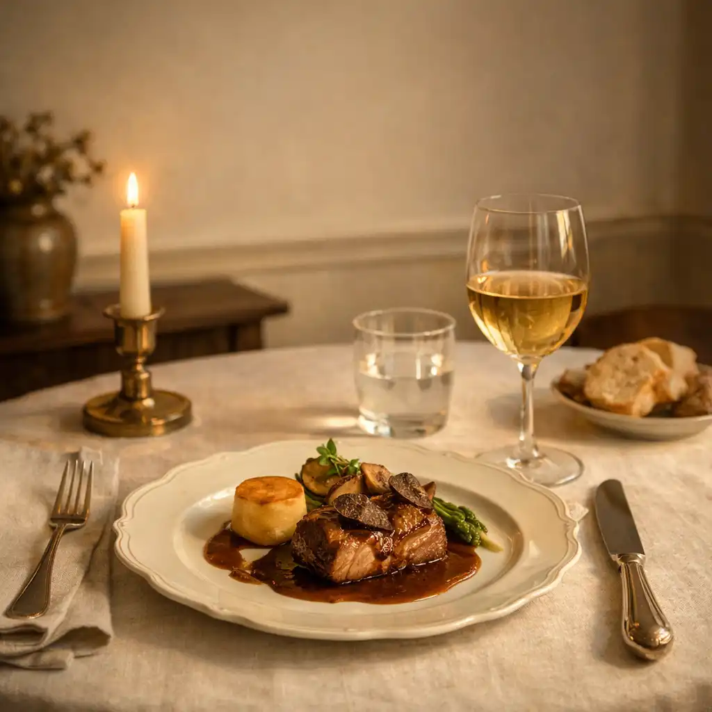 Table de gastronomie française dressée avec porcelaine, linge et verre de vin