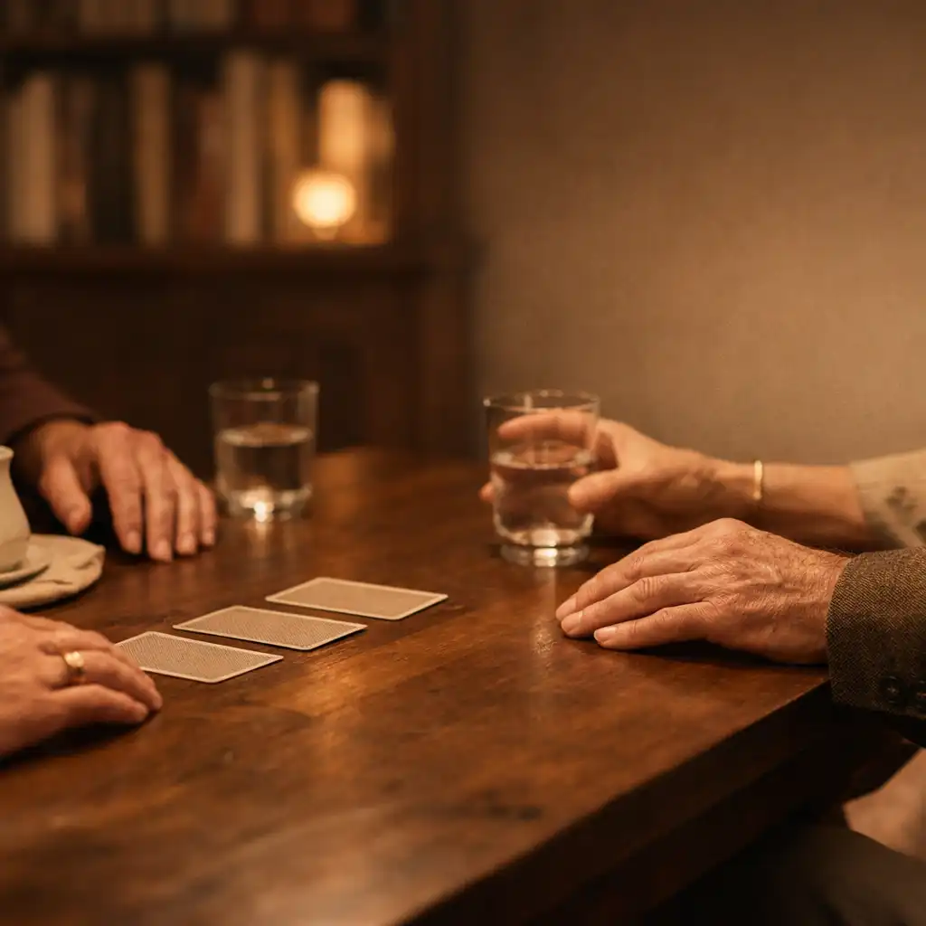 Mains adultes réunies autour de cartes posées sur une table dans un salon chaleureux