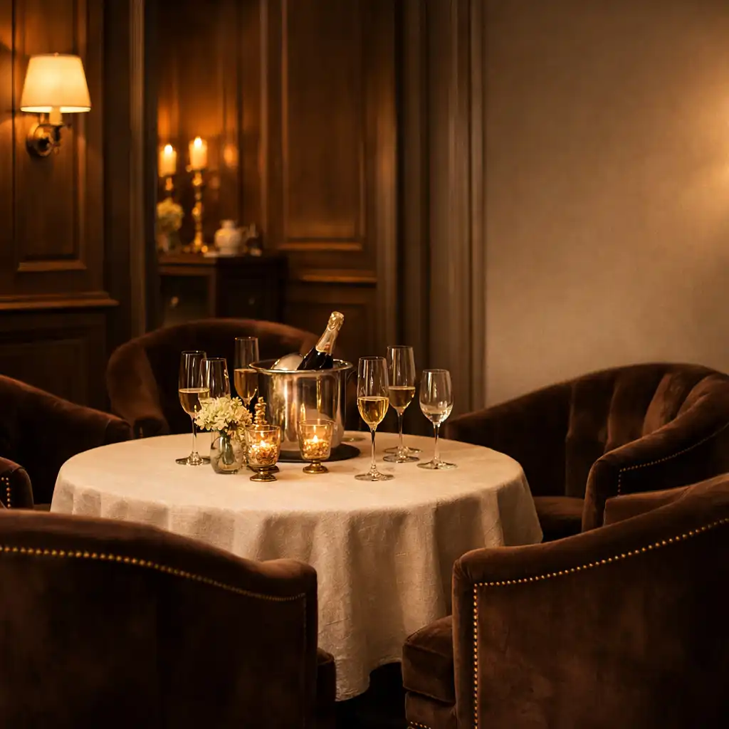 Salon privé feutré avec table ronde, fauteuils et verrerie
