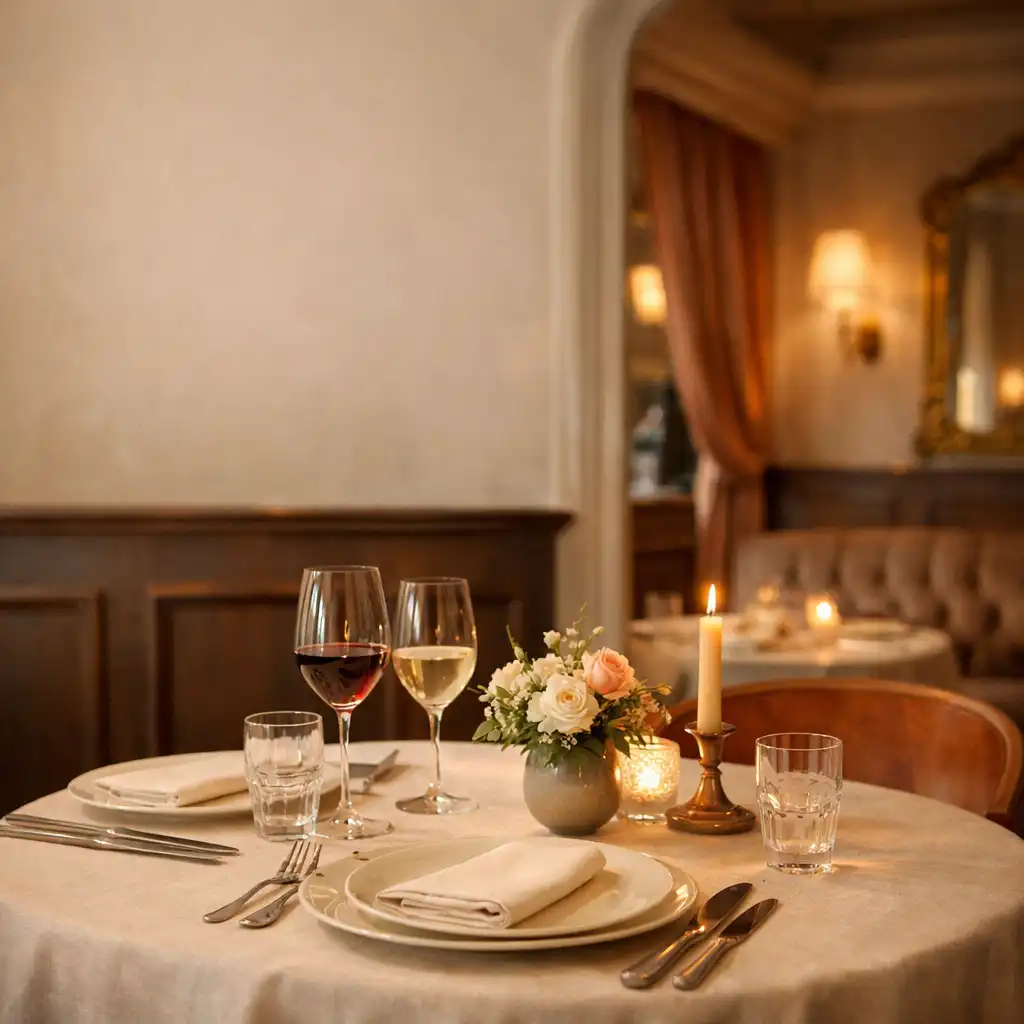Table raffinée préparée pour deux dans un salon de restaurant intimiste
