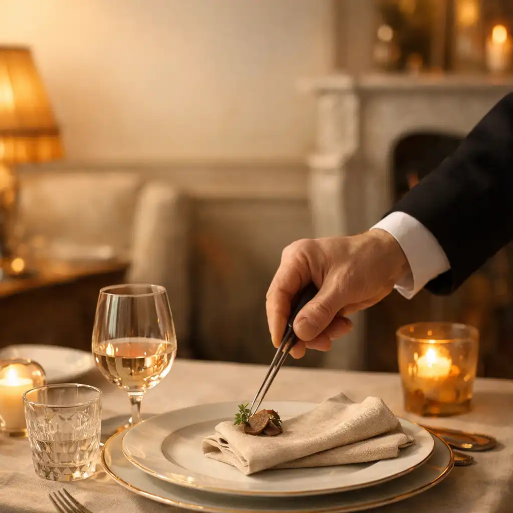 Service attentif d'une table en porcelaine dans un salon français
