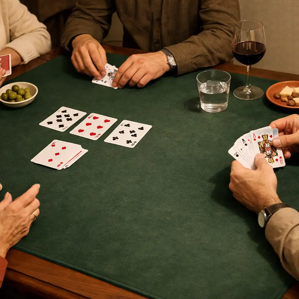 Mains d’adultes réunis autour de cartes, de verres et de petites assiettes lors d’un moment social
