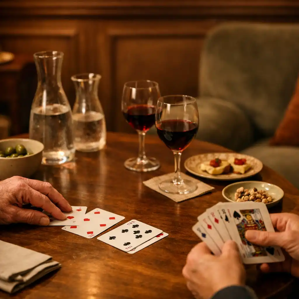 Mains adultes disposant des cartes autour d’une table de salon avec verres et service