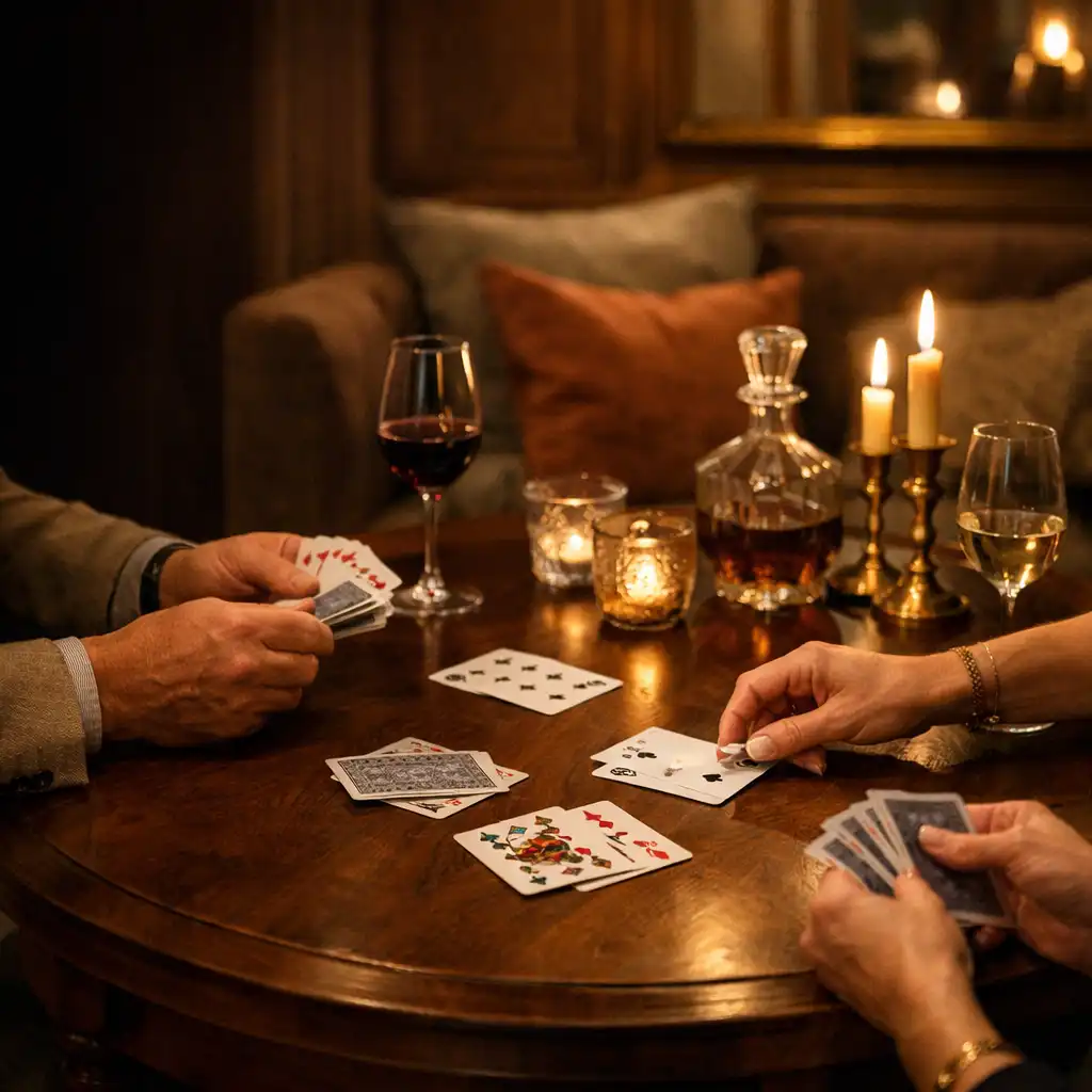 Mains adultes autour d’une table de cartes dans un salon privé éclairé avec douceur
