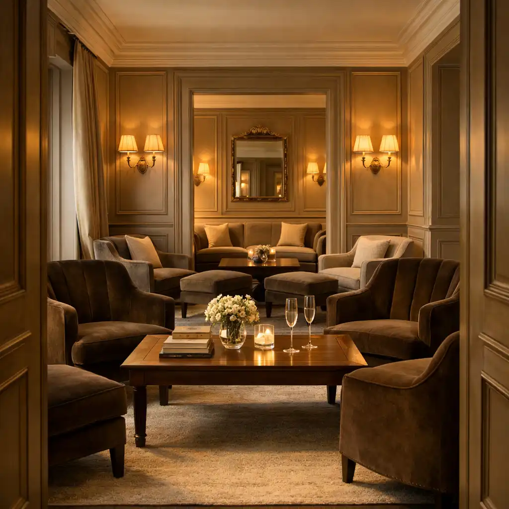 Salon privé français élégant au crépuscule, avec fauteuils, table basse et lumière dorée.