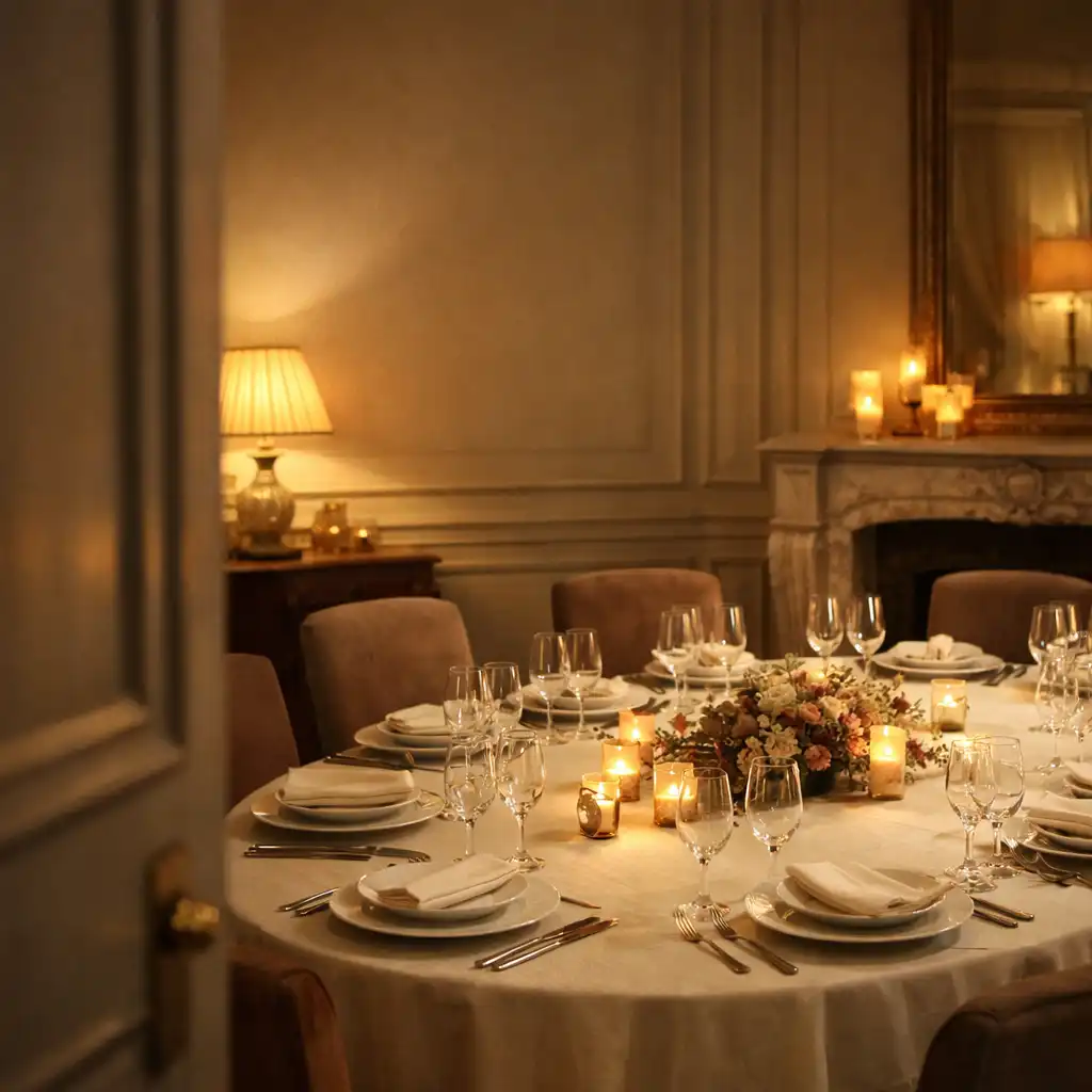 Table dressée dans un salon privé élégant de Moon Tavie, avec porcelaine, verrerie et lumière chaude.