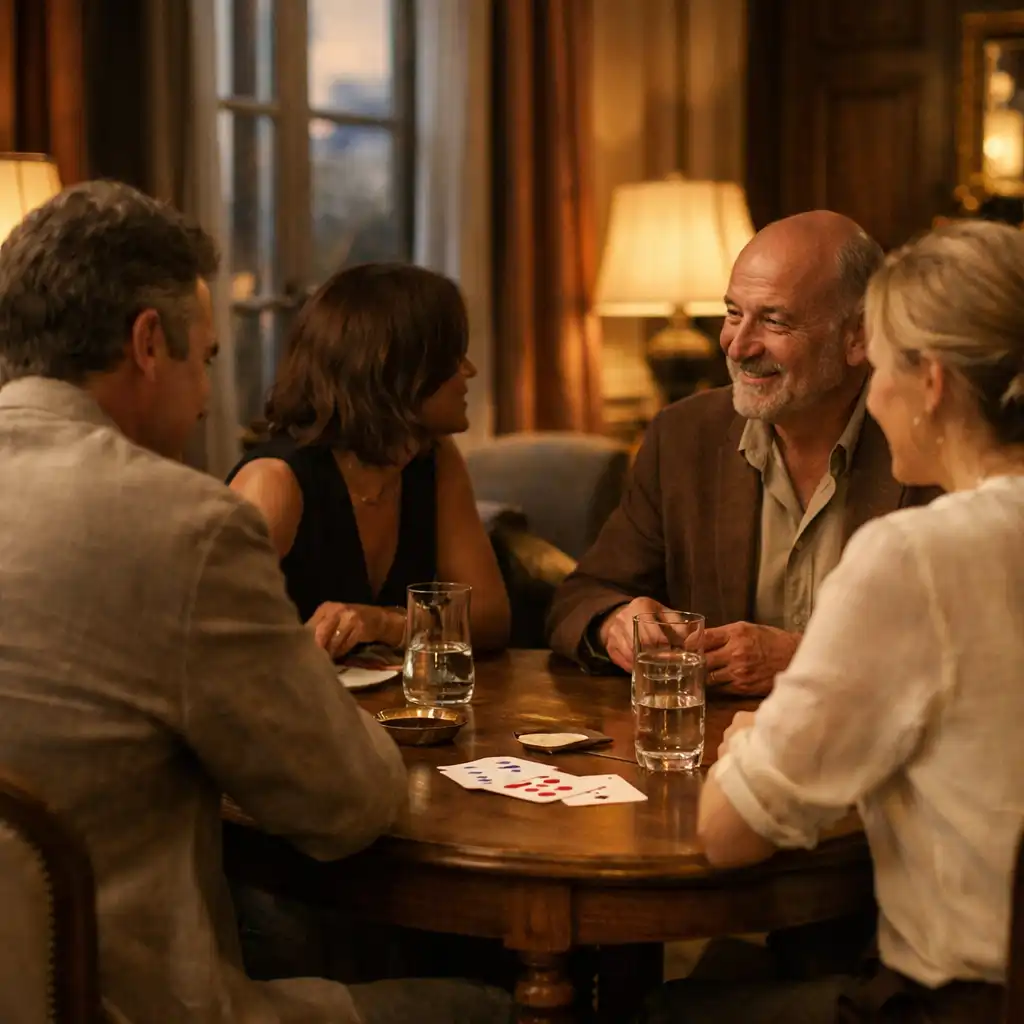 Adultes échangeant dans un salon privé autour d’une table, avec des cartes discrètement posées dans un cadre convivial.