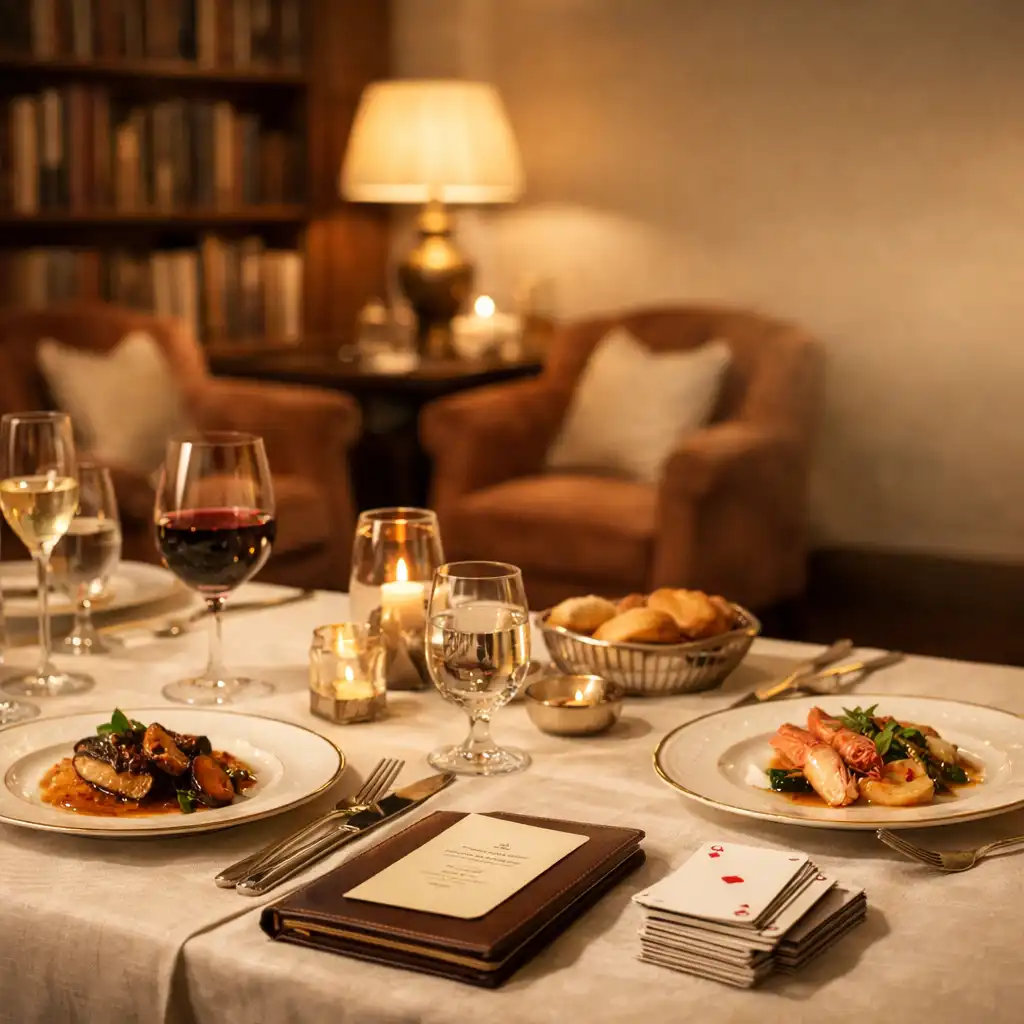 Table dressée avec porcelaine, verres et cartes rangées dans un salon privé Moon Tavie
